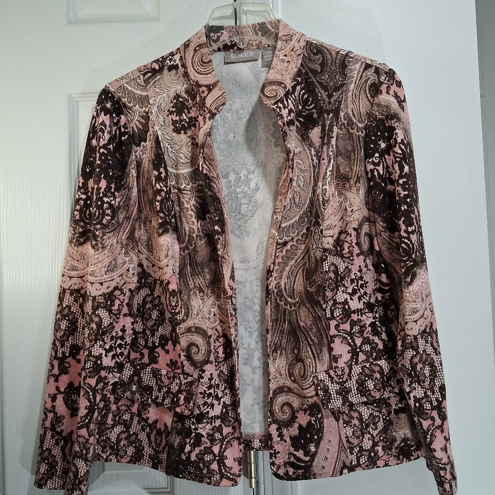Chico's Pink & Brown Paisley Open Cardigan Long Sleeves Size 1 (Medium)
